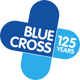 A blue cross with 125 years written inside