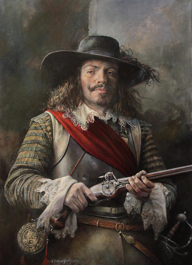 A cavalier stands looking menacing holding a matchlock pistol