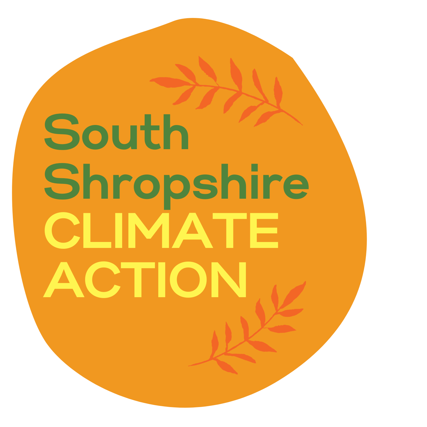 a simple logo depicting south shropshire climate action inside an orange puddle