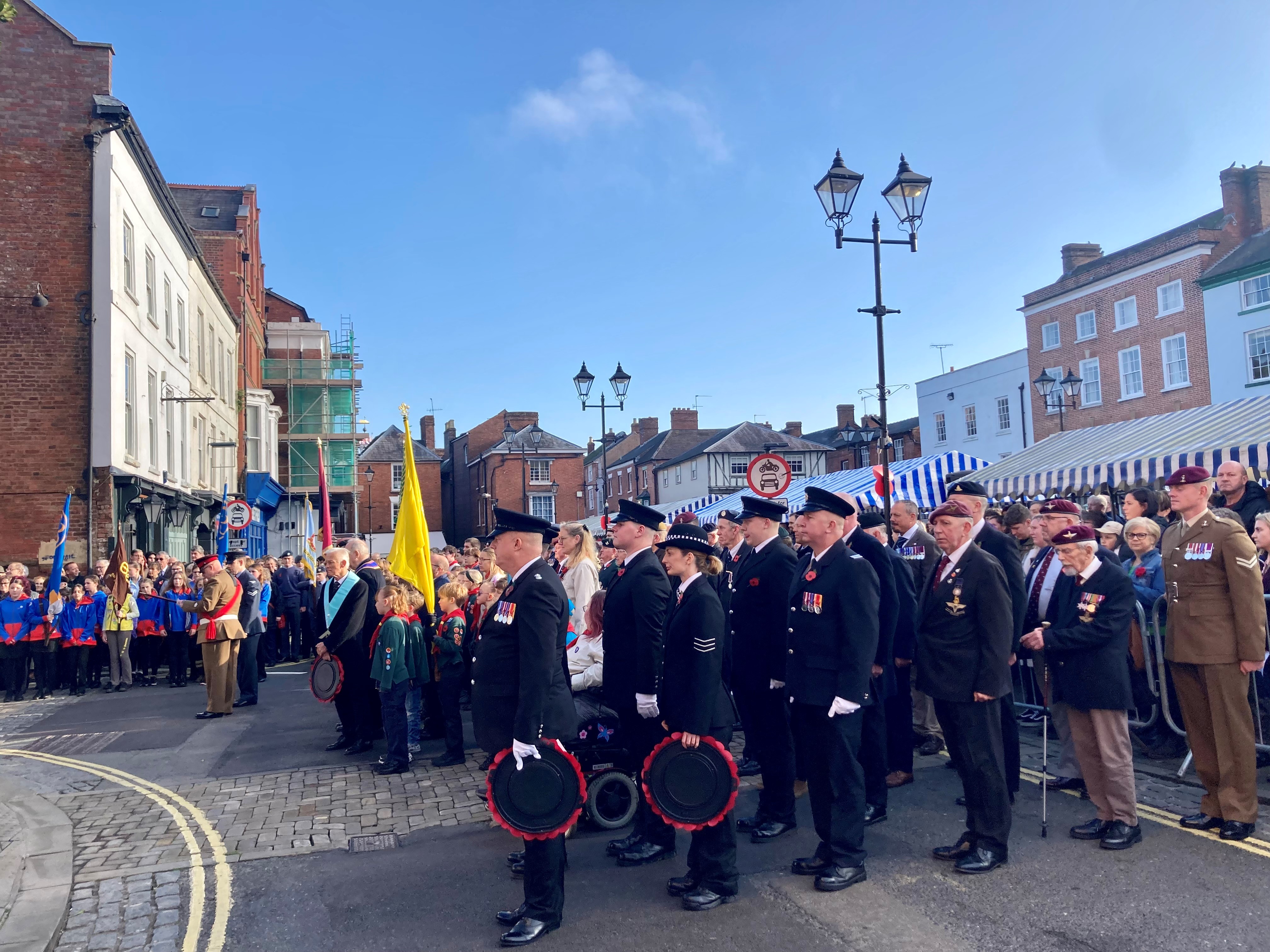 the parade stands facig the memorial in preperation of the laying of the wreaths